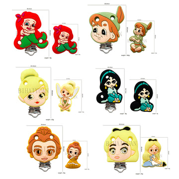 2 Stück im Set: Prinzessin Belle, Schneewittchen, Tinkerbell und Peter Pan, Silikon-Schnullerclip mit Beißperle, DIY-Schnullerkette
