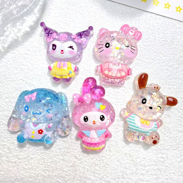 10Pcs cute Kuromi Cinnamoroll resin charm glitter Flatback acrylic Figurines DIY hairpin Miniatures Scrapbook Decor Craft