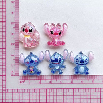10Pcs cute Stitch and Angel resin charm glitter Flatback acrylic Figurines DIY hairpin Miniatures Scrapbook Decor Craft