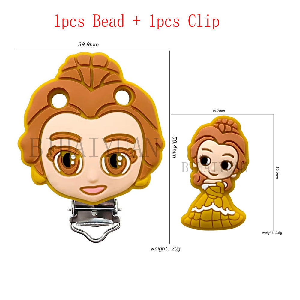 2pcs one set princess Belle snow white tinker bell peter pan Silicone Pacifier clip Molar focal Bead DIY Pacifier Chain